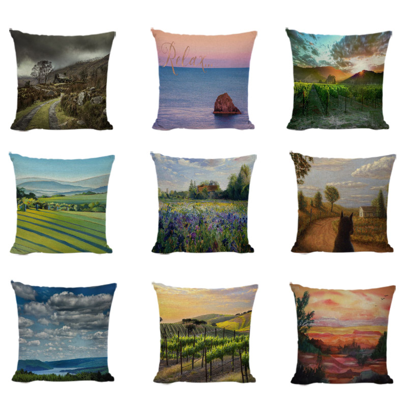 Ʈ ڿ ǳ ϸ  Ŀ  ̽ ٴ ޽     ư Pillowcases 45x45cm/Painted Nature Landscape Sunset Cushion Cover Pillow Case Sea Relax Farmhouse D